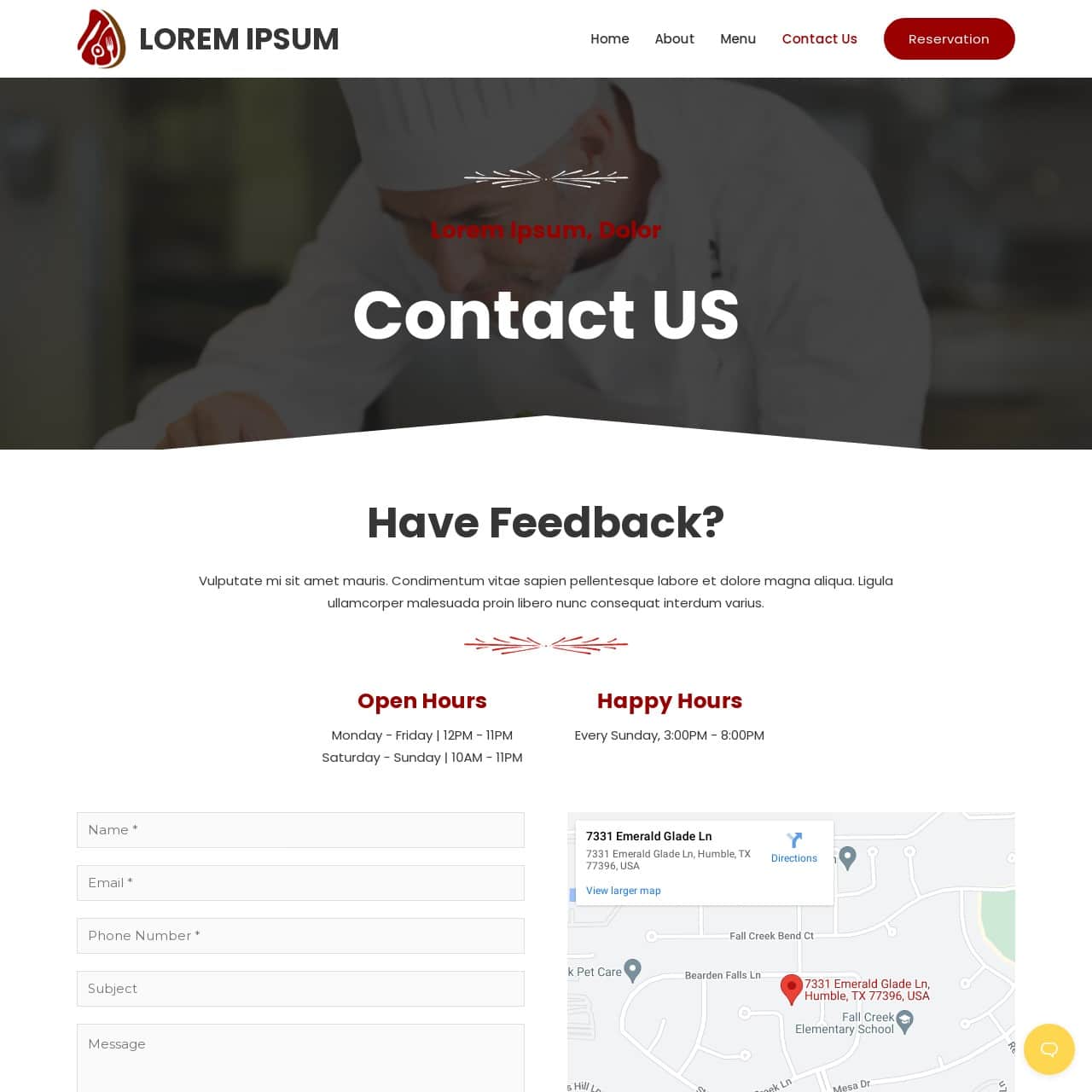 Food Template - Contact Us Page